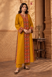 Set of 2: Mustard Yellow Cashmilon Phiran & Pant Set with Kutch Embroidered Lace- Free Size