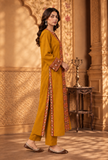 Set of 2: Mustard Yellow Cashmilon Phiran & Pant Set with Kutch Embroidered Lace- Free Size