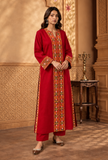 Set of 2: Ruby Red Cashmilon Phiran & Pant Set with Kutch Embroidered Lace- Free Size