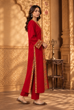 Set of 2: Ruby Red Cashmilon Phiran & Pant Set with Kutch Embroidered Lace- Free Size