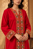 Set of 2: Ruby Red Cashmilon Phiran & Pant Set with Kutch Embroidered Lace- Free Size