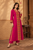 Set of 2: Rani Pink Cashmilon Phiran & Pant Set with Kutch Embroidered Lace- Free Size