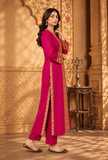 Set of 2: Rani Pink Cashmilon Phiran & Pant Set with Kutch Embroidered Lace- Free Size