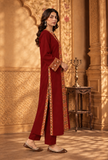 Set of 2: Deep Maroon Cashmilon Phiran & Pant Set with Kutch Embroidered Lace- Free Size