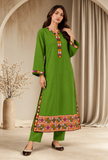 Set of 2: Olive Green Cashmilon Phiran & Pant Set with Kutch Embroidered Lace- Free Size