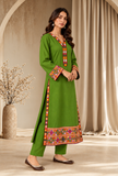 Set of 2: Olive Green Cashmilon Phiran & Pant Set with Kutch Embroidered Lace- Free Size