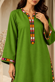 Set of 2: Olive Green Cashmilon Phiran & Pant Set with Kutch Embroidered Lace- Free Size