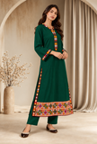 Set of 2: Deep Teal Green Cashmilon Phiran & Pant Set with Kutch Embroidered Lace- Free Size