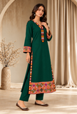 Set of 2: Deep Teal Green Cashmilon Phiran & Pant Set with Kutch Embroidered Lace- Free Size