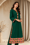 Deep Teal Green Cashmilon Phiran with Kutch Embroidered Lace- Free Size