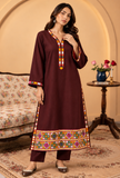 Set of 2: Wine Brown Cashmilon Phiran & Pant Set with Kutch Embroidered Lace- Free Size