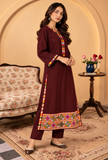 Set of 2: Wine Brown Cashmilon Phiran & Pant Set with Kutch Embroidered Lace- Free Size