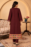 Set of 2: Wine Brown Cashmilon Phiran & Pant Set with Kutch Embroidered Lace- Free Size