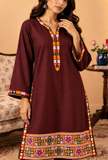 Set of 2: Wine Brown Cashmilon Phiran & Pant Set with Kutch Embroidered Lace- Free Size