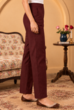 Set of 2: Wine Brown Cashmilon Phiran & Pant Set with Kutch Embroidered Lace- Free Size