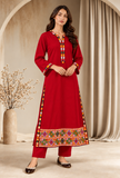 Set of 2: Ruby Red Cashmilon Phiran & Pant Set with Kutch Embroidered Lace- Free Size