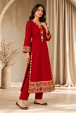 Set of 2: Ruby Red Cashmilon Phiran & Pant Set with Kutch Embroidered Lace- Free Size