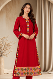 Ruby Red Cashmilon Phiran with Kutch Embroidered Lace- Free Size