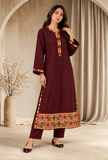 Set of 2: Burgundy Cashmilon Phiran & Pant Set with Kutch Embroidered Lace- Free Size