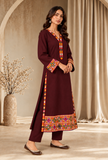 Set of 2: Burgundy Cashmilon Phiran & Pant Set with Kutch Embroidered Lace- Free Size