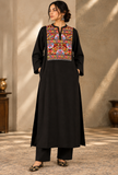Set Of 2: Black Cashmilon Phiran & Pant Set with Kutch Embroidered Lace- Free Size