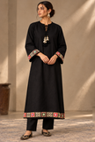 Set Of 2: Black Cashmilon Phiran & Pant Set with Kutch Embroidered Lace- Free Size