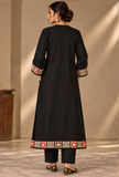 Set Of 2: Black Cashmilon Phiran & Pant Set with Kutch Embroidered Lace- Free Size