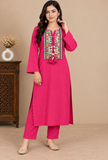 Set Of 2: Rani Pink Cashmilon Multicolor Gamthi Embroidered Phiran & Pant Set - Free Size