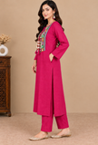 Set Of 2: Rani Pink Cashmilon Multicolor Gamthi Embroidered Phiran & Pant Set - Free Size