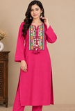 Rani Pink Cashmilon Gamthi Embroidered Phiran - Free Size