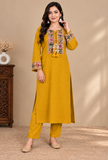 Set Of 2: Mustard Cashmilon Gamthi Embroidered Phiran & Pant Set - Free Size