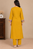 Set Of 2: Mustard Cashmilon Gamthi Embroidered Phiran & Pant Set - Free Size