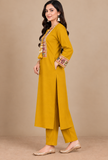 Set Of 2: Mustard Cashmilon Gamthi Embroidered Phiran & Pant Set - Free Size