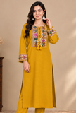 Mustard Yellow Cashmilon Gamthi Embroidered Phiran - Free Size