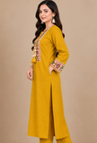 Mustard Yellow Cashmilon Gamthi Embroidered Phiran - Free Size