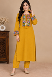 Set Of 2: Mustard Cashmilon Gamthi Embroidered Phiran & Pant Set - Free Size