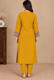 Set Of 2: Mustard Cashmilon Gamthi Embroidered Phiran & Pant Set - Free Size
