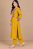 Set Of 2: Mustard Cashmilon Gamthi Embroidered Phiran & Pant Set - Free Size