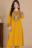 Mustard Yellow Multicolour Cashmilon Gamthi Embroidered Phiran - Free Size