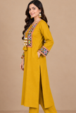 Mustard Yellow Multicolour Cashmilon Gamthi Embroidered Phiran - Free Size