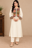 Set of 2: Ivory Cashmilon Gamthi Embroidered Phiran & Pant Set - Free Size