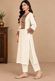 Set of 2: Ivory Cashmilon Gamthi Embroidered Phiran & Pant Set - Free Size