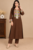 Set of 2: Brown Cashmilon Gamthi Embroidered Phiran & Pant Set - Free Size