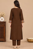 Set of 2: Brown Cashmilon Gamthi Embroidered Phiran & Pant Set - Free Size