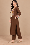 Set of 2: Brown Cashmilon Gamthi Embroidered Phiran & Pant Set - Free Size