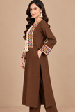Chocolate Brown Cashmilon Gamthi Embroidered Phiran - Free Size