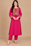 Set of 2: Rani Pink Cashmilon Gamthi Embroidered Phiran & Pant Set - Free Size