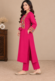 Set of 2: Rani Pink Cashmilon Gamthi Embroidered Phiran & Pant Set - Free Size