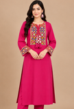 Rani Pink Multicolour Cashmilon Gamthi Embroidered Phiran - Free Size