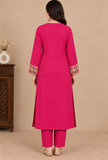 Rani Pink Multicolour Cashmilon Gamthi Embroidered Phiran - Free Size